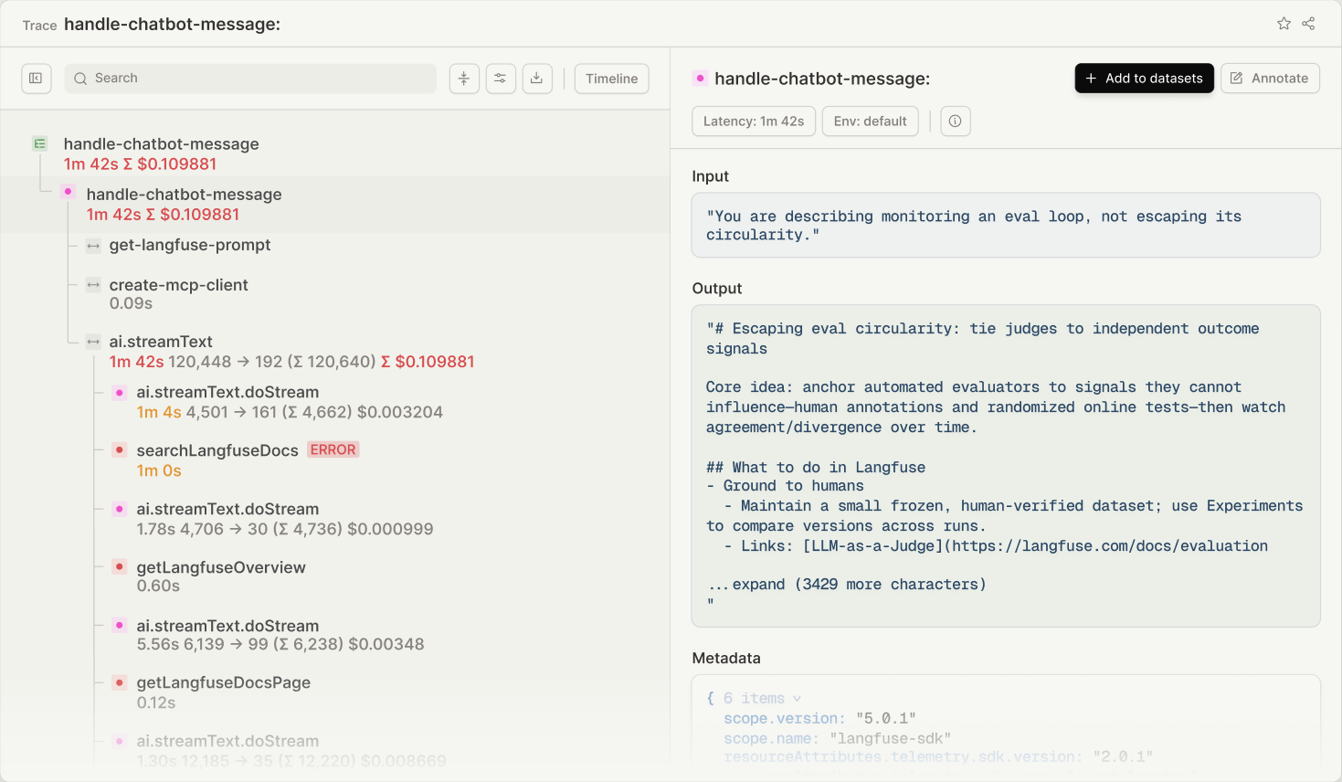Langfuse observability trace detail view showing nested observations with latency and cost